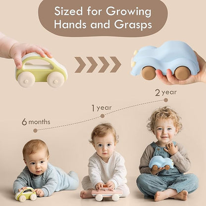 Moonkie Food Grade Silicone Toy Cars for Toddlers 1-3, Push and Go Baby Car Toys 6-12 Months+, One-Piece Design Infant Toys, Birthday Gifts for 1 Year Old Boy Girl, Easy to Clean & Grasp, 3 Pack