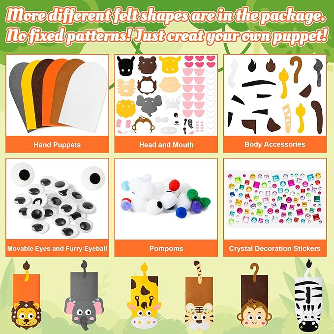 WATINC 6Pcs Hand Puppet Making Kit, Art Craft Felt Sock Puppet Toys, Creative DIY Make Your Own Pompoms Wiggle Googly Eyes Storytelling Role Play Party Supplies Gift for Girls Boys (Wild Animals A)