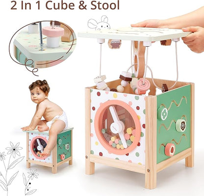 PairPear Wooden Activity Cube Montessori Toys Wooden Play Cube Activity Center Baby Busy Board Multifunctional Early Educational Development Toys Sensory Gifts for Toddlers Girls Boys 1 2 3 Year Old