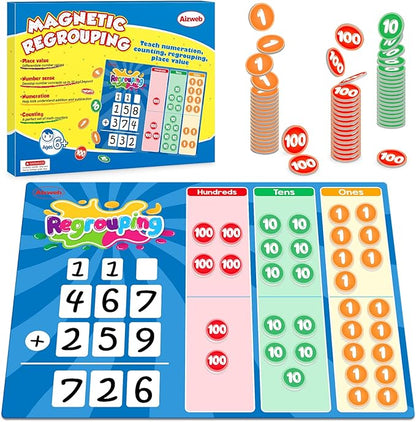 Aizweb Regrouping Base Ten Place Value,Addition and Subtraction Math Manipulatives,Magnetic Dry Erase Board for 1st 2nd 3rd Grade Student Classroom Must Haves,Math Games for Kids Homeschool Supplies