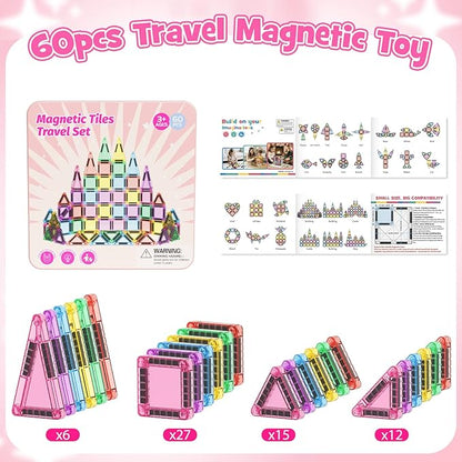 Travel Magnetic Tiles Building Set 60 PCS Transparent 3D Magnetic Blocks with Construction Board STEM Educational Building Toys for Boys & Girls Ages 3-12