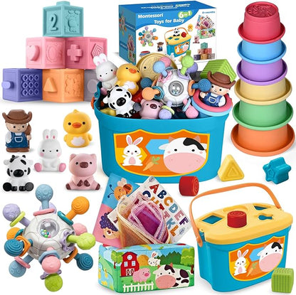6 in 1 Baby Toys, 6-12 Months Baby Toys, 0-6 12-18 Montessori Toddler Gifts for Toddlers, Farm Animals Playset & Teething & Stacking Building Block Cup & Tissue Box & Sensory Bin for Development