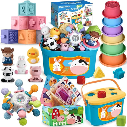 6 in 1 Baby Toys, 6-12 Months Baby Toys, 0-6 12-18 Montessori Toddler Gifts for Toddlers, Farm Animals Playset & Teething & Stacking Building Block Cup & Tissue Box & Sensory Bin for Development