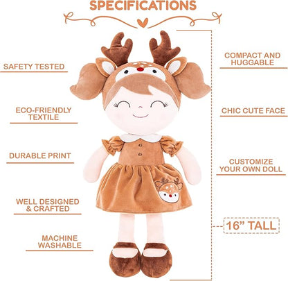 Gloveleya Personalized Doll with Your Name - Cute Brown Deer Custom Soft Plush Doll for Girls Plush Doll Customized Gifts - Muñecas de Trapo Personalizadas para Niñas