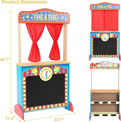 Deluxe Wooden Puppet Theater with Curtains, Blackboard and Clock, Double-Sided Play Store 3-8Y & Kid Puppet Show Theater with 2 Hand Puppets and 4 Finger Puppets for Toddlers 3+