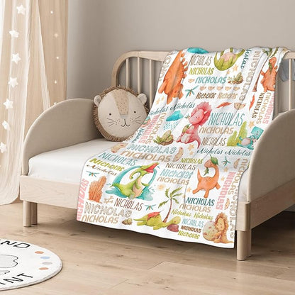 Personalized Baby Blanket for Girls Boys Kids Dinosaur Custom Baby Blanket with Name Throw Birthday Gift for Toddlers Infants Shower Newborns Nursery Stroller Crib Bed Decor