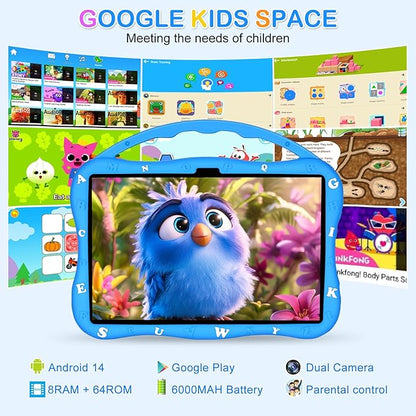 Kids Tablet, 10.1 inch Tablet for Kids 3-10, Educational Learning Toddler Tablet Android 14, 8GB RAM+64GB ROM Storage, 5G WiFi, Baby Girl boy Gift (Blue)