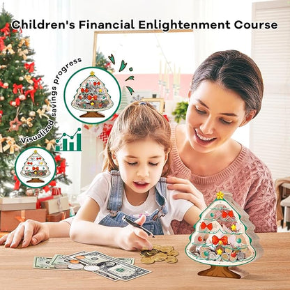 Wooden Christmas Piggy Bank for Kids, Christmas Tree Piggy Bank with Acrylic Panels, Unbreakable Toddler Money Box for Boys Girls, DIY Safe Coin Bank with Letter Sticker, Christmas, Birthday Gift