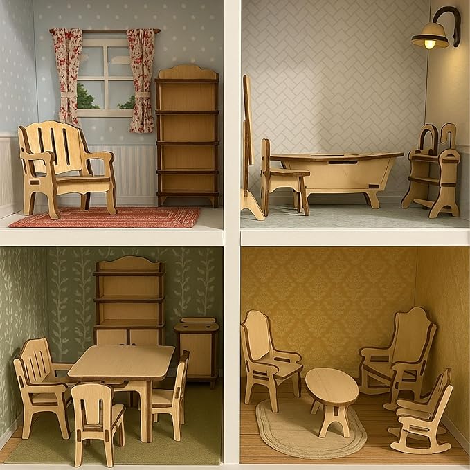 LOVEINUSA DIY Wooden Dollhouse Furniture Set, 3D Puzzle Miniature Room Accessories, Natural Wood (Pack of 2)