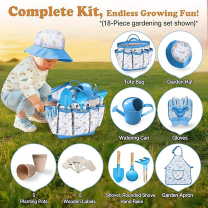 Kids Gardening Tool Set 18PCS Kids Toddler Gardening Set Includes Tote Bag Watering Can Apron Hat Rake Shovel Spoon Gloves Plant Pots and Labels, Outdoor Toys Gift for Boys Girls (Blue)