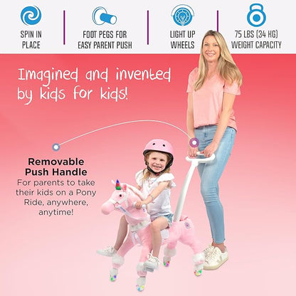 Power Pony Ride On Unicorn Riding Toy for 2+ Kids - Power Ponies Push Pull Kids Ride On Pony for Toddlers with A Removable Parent - Controlled Push Handle for Easy Rides, Pink, Grace