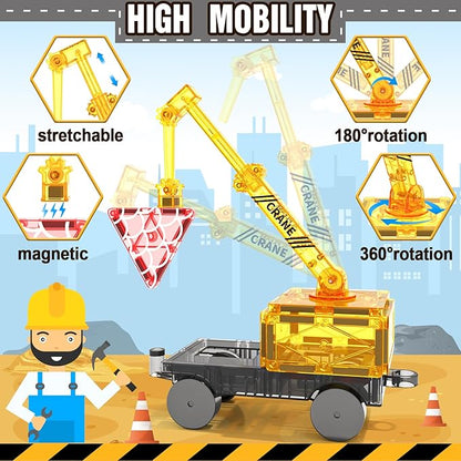 Magnetic Tiles Road Set with Magnet Crane Car, Construction Toys for Kids Ages 3-5 4-8 5-7, Creative Magnetic Building Blocks Toddler Toys, Gifts for 3+ Year Old Boys & Girls