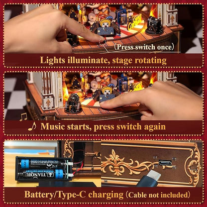 CUTEBEE 3D Puzzles Wooden Theater for Adults - DIY Music Box Rotating Miniature House Kit Model Building Set with LED Light, Home Bookshelf Decor, Unique Birthday Gifts (Animal Carnival)