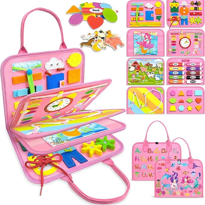 Gojmzo Busy Board Montessori Toys for Toddler Girl Birthday Gifts, Busy Book Sensory Toys for Toddlers, Learning Educational Toddler Travel Activities