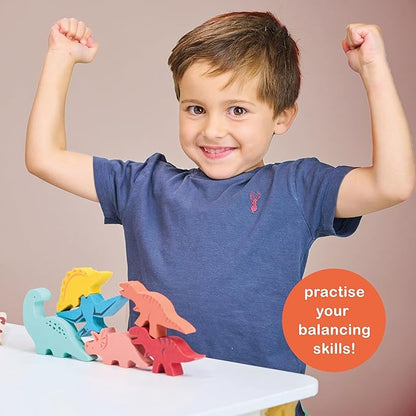 Mentari Toys - Happy Stacking Dinosaurs - 6pc Wooden Stacking Toy for Toddlers - Colorful Dinosaur Balancing Activity Toy with Bag - Boost Fine Motor Skills and Dexterity - Age 18m+