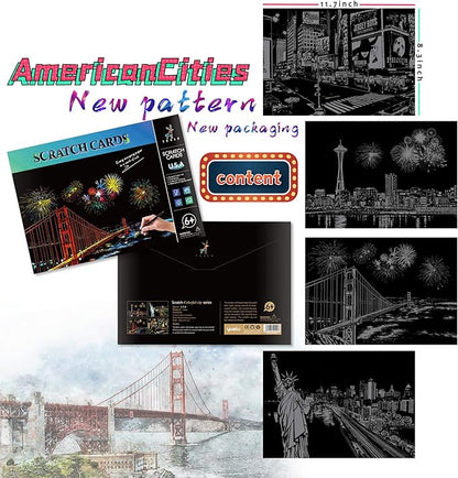 Scratch Art for Adults and Kids-City Landmarks Scratch Painting Craft Kit (8 Sheets A4)|DIY Foil Engraving Art Set|Stress Relief Gift for Travel Lovers,Craft Lovers,Home Decor(America/Europe)