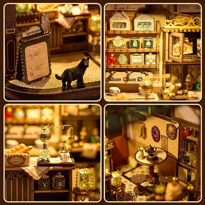 DIY Miniature House Kit - Coffee Shop Wooden Dollhouse Kit with LED Lights -Mini House Making Kit with Furniture - Tiny House kit for Adults to Build - Miniature Kits Craft Gift