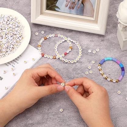 DECYOOL Letter Beads, 1900Pcs 4×7mm White Gold Acrylic Alphabet Beads with 1 Roll Elastic String for Bracelet Necklace Jewelry Making Supplies