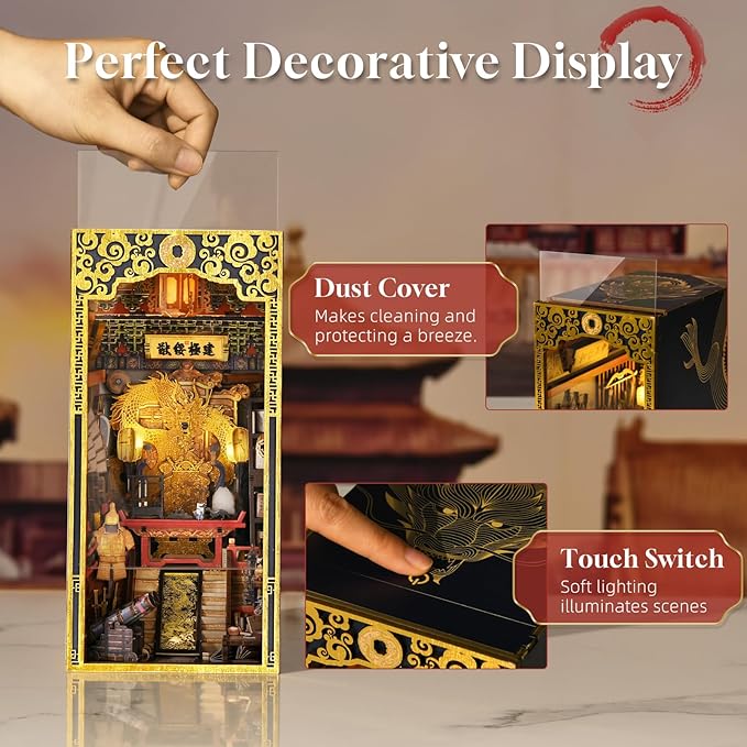 DIY Book Nook Kit, DIY Miniature Dollhouse Booknook Kit, 3D Wooden Puzzle Bookend Bookshelf Insert Decor with LED Light for Teens and Adults (The Emperor’s Study)