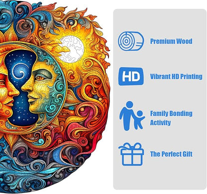 Wooden Jigsaw Puzzle 500 Pieces for Adults - Circular Celestial Sun & Moon Art Puzzle with Intricate Swirl Patterns, Challenging Family Leisure Game, Unique Home Decor & Gift Idea
