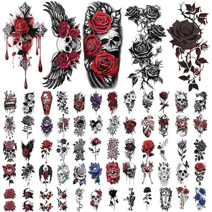 77 Sheets Skull Rose Temporary Tattoos, Lotus Flower Butterfly Half Arm Realistic Fake Tattoos Stickers for Adult Women Men Kids