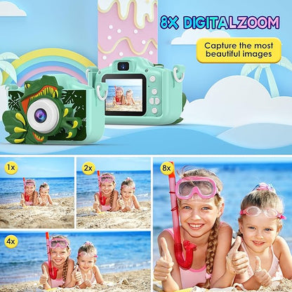 Dinosaur Camera for Kids with Cartoon Silicone Cover, Digital Mini Camera Toys for 3 4 5 6 7 8 9 10 11 12 Year Old Boys Girls Birthday Chirstmas Gifts Ideas - Personal Video Players (T-REX Green)