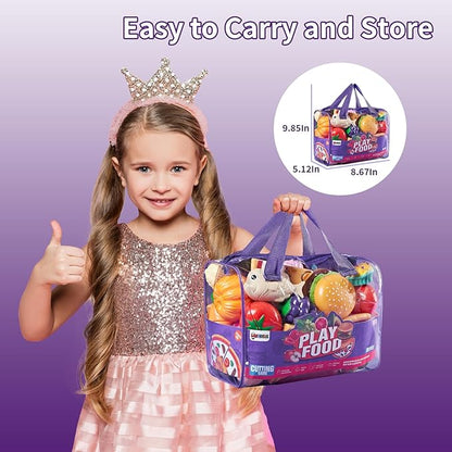 Pretend Play Food for Kids Kitchen - 78Pc Cutting Toy with Storage Bag, Toys Veggies, Fruits, Fake Pizza Toy, Food, Accessories, Boys Girls Gift, 9.5 x 7 x 6 in (ZY-78)