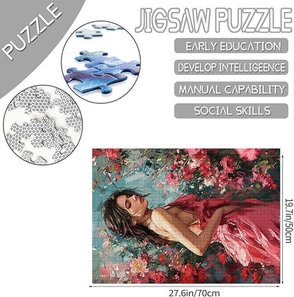 Pink Dress Women Puzzles for Adults 1000 Pieces Beautiful Girl 1000 Piece Jigsaw Puzzle - Pretty Girl Colorful Flowers Romantic Garden Puzzles Art Family Game, Adult Birthday Puzzle