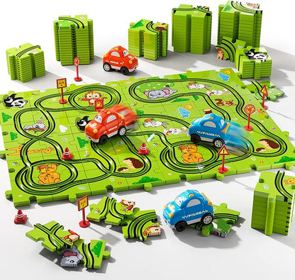 48PCS Puzzle Race Track Car Set Toys for Kids Boys, Floor Puzzle Car Tracks for Boys Ages 3-5 4-6, Toddler Toys Gifts for 3 4 5 Year Old Kids, Ideal 3 4 5 6 Year Old Birthday Gifts