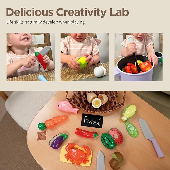 GILOBABY Play Kitchen Accessories, Play Food Sets for Kids Kitchen Playset with Pots and Pans Set, Cooking Utensils, Preschool Learning Education Toys for Toddlers, Birthday Gifts for Girls (Pink)