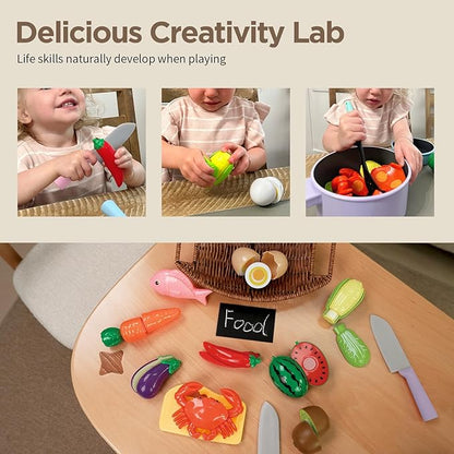 GILOBABY Play Kitchen Accessories, Play Food Sets for Kids Kitchen Playset with Pots and Pans Set, Cooking Utensils, Preschool Learning Education Toys for Toddlers, Birthday Gifts for Girls (Pink)