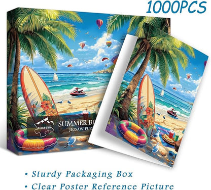 Beach Puzzles for Adults 1000 Pieces, PICKFORU Vintage Summer Puzzle Lounge Chair Beach Vacation, Difficult Seaside Puzzles for Adults, Colorful Art Puzzle as Wall Decor