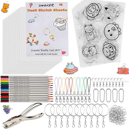 Shrink Art Kit - 166 Pcs with 10 Pcs Shrink Film Paper, 8 Pcs Patterned Shrinky Plastic Paper, Hole Punch, Keychains & Pencils for Crafts and DIY Keychains