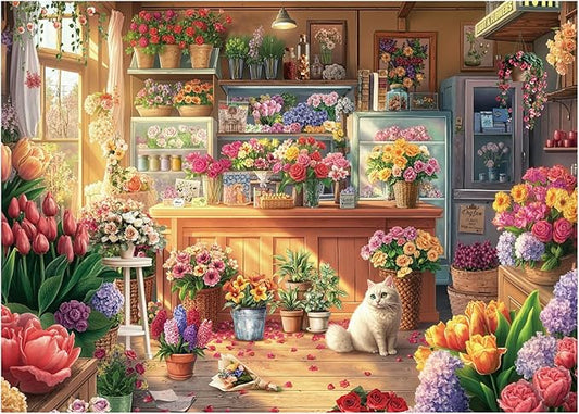 Flower Colorful Shop Puzzle 1000 Pieces for Adults, Spring Floral Plant Cabin Jigsaw Puzzle, Vintage Garden Cat Nature Puzzles