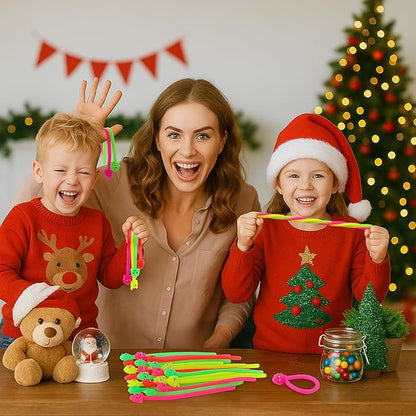 32 Pcs Christmas Stretchy Strings Fidget Toys, Colorful Stretchy Fidgets Sensory Toys, Stress Relief Stretch Sensory Bracelet String with Xmas Tree Santa Claus Snowman Elk for Party Favors (Smooth)