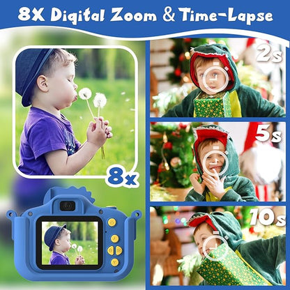 Dinosaur Kids Camera, Toddler Camera, Christmas Birthday Gifts Toys for Boys Age 3-12 Years, HD Selfie Kid Digital Camera with 32GB Card, Dinosaurs Toys for Kids 3 4 5 6 7 8 Years Old Gift (Blue)