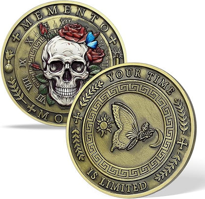 AtSKnSK Memento Mori Coin Momento Mori Coin Skull Coin Stoic Gifts Memento Mori Calendar Living Memento Mori Amor Fati Coin (Moth Rose Skull)