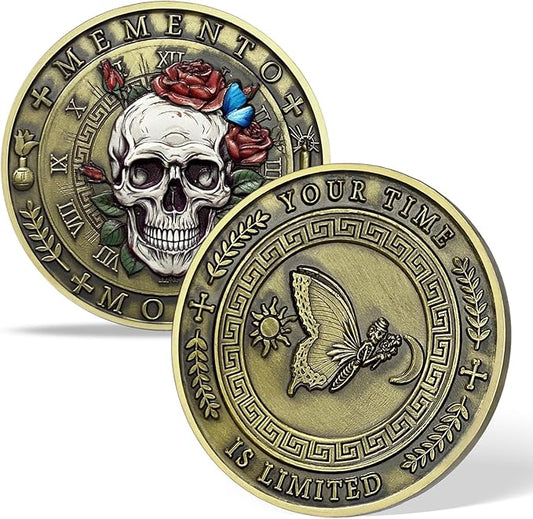 AtSKnSK Memento Mori Coin Momento Mori Coin Skull Coin Stoic Gifts Memento Mori Calendar Living Memento Mori Amor Fati Coin (Moth Rose Skull)