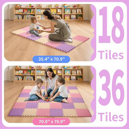 36 Tiles Foam Play Mat for Baby, 0.4 Inch Thick Foam Interlocking Floor Mats, Soft Non-Toxic Baby Playmat, Solid Colored Puzzle Play Mat Kids Floor Mats for Toddler(Pink/Beige/Purple)