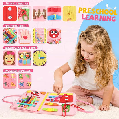 Toddler Busy Board, Montessori Sensory Toys for Boys, 1-4 Year Old Girl Toddler Travel Toys, Educational Learning Activities Board for Motor Skills, Birthday Gifts for Airplane Car, Pink