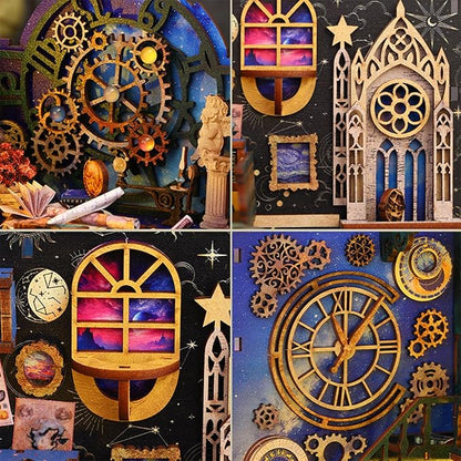 ISSEVE Book Nook Kit, 3D Wooden Puzzle DIY Miniature House Kit for Booknook Shelf Insert Decoration, Magic Book House Stand Bookshelf Dollhouse for Adults with Sensor Light (Explore The Universe)