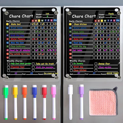 2Pcs Acrylic Magnetic Chore Chart for Kids & Adults, 12"x9.5" Clear Dry Erase Reward Board - Behavior and Responsibility Refrigerator Chart for at Home Multiple Kids, Teens(w/ 8 Markers & Towel)