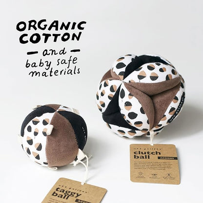 Wee Gallery Taggy Ball with Rattle, Soft Sensory Baby Toy, Sensory Ball with Organic Cotton Fabric, Little Tags & Gentle Rattle for Tummy Time, Grasping & Developmental Play, Acorns