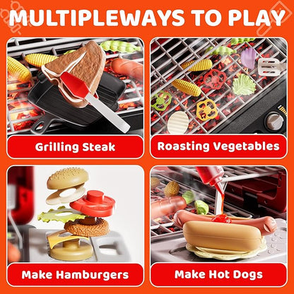 Kids Play Kitchen Toys, Kids BBQ Grill Playset，2-Tier Barbecue Toy with Wheels, Smoke Sound Light, Outdoor Play Food Toys Cooking Set, Birthday Gift for Toddlers 3-5