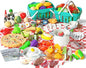 150Pcs Kitchen Playset, Toddlers Pretend Cooking Cookware Accessories, Food, Picnic Blanket, Fruits, Veges, 2Pack Shopping Storage Basket, Dessert and Prop Money, Gift for Kids (White)