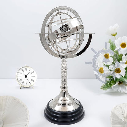 Nagina International Antique Vintage Zodiac Armillary Brass Sphere Globe Wooden Display | Pirate's Antique Ship Decor (XL, Nickel Plated)