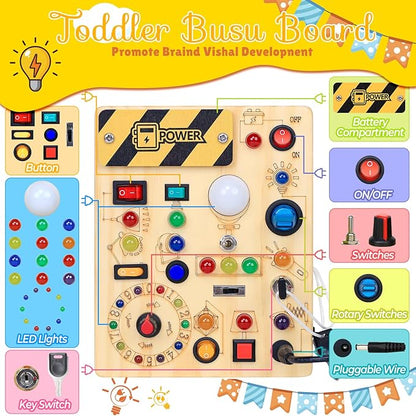 RichBoy Busy Board Toddler Toys Montessori Toys for 1-3 Year Old Boy Girl Birthday Gift for Grandkids, 37 in 1 LED Light Up Sensory Wooden Montessori Switch Board Toy - Learn and Travel (6.7" x 5.3")