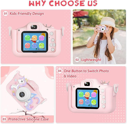 Contixo KC3A Kids Digital Camera - 1080P Toddler Camera with Selfie Mode, Games, Sound Recording, 8X Zoom, 32GB SD Card, USB-C Rechargeable Educational Toy for Boys Girls Ages 3-8, Pink