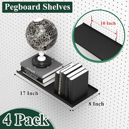 PEKGRIL 17X8 Inch Large Pegboard Shelves Set of 4, Metal Peg Board Shelves Accessories, Flat Display Shelves for Pegboard, Metal Retail Display for Storage and Organization, Black