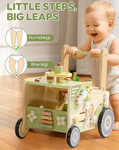ROBOTIME Wooden Baby Walker Push Toy for Toddlers, Baby Push Walker with Wheels, Farm-Themed Activity Center for Girls & Boys, Adjustable Speed Walker for Baby Learning to Walk